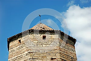 The medieval fortress tower with tiled roof on blue sky backgrou