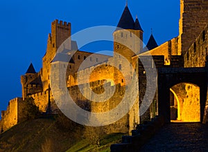 Medieval fortress walls in evening. Carcassonne