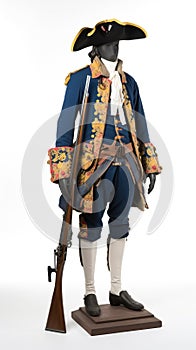 Medieval french, spanish warrior musketeer with musket. White background, isolate. AI generated.