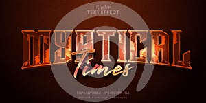 Medieval game text effect, editable shiny bronze text style, mystical times text on dark orange background