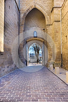Medieval gate entrance to the town of Laguardia in the Rioja Alavesa Spain called San Juan and belonging to the fortress church