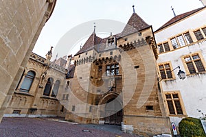 Medieval gated stone entrance to a town square