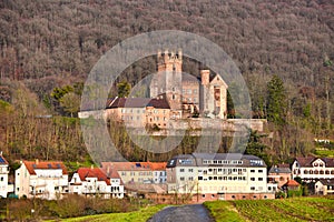 Medieval German hill castle called `Mittelburg`, in Odenwald forest in German city Neckarsteinach