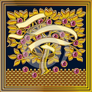 Medieval Goldwork Embroidery Vector Frame. Ruby Stone