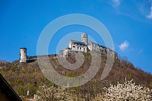 Medieval gothic castle Bezdez, grey stone ruin on hill at sunny day, ancient fortress walls, fairytale stronghold, high round