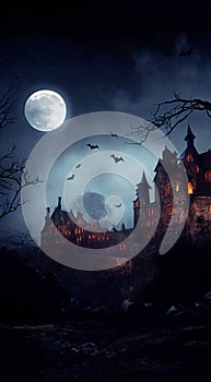 Medieval gothic castle in the dark Halloween night