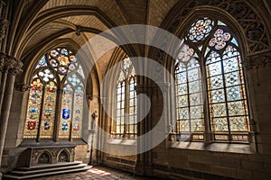 Medieval gothic castle windows with stained glass photo