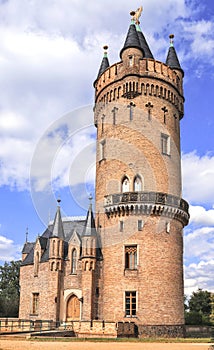 Medieval gothic Flatow tower .Babelsberg park Potsdam , Germany.