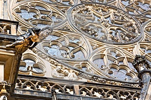 Medieval gothic sculpture on the facade of Cathedral of Saint Vitus in Prague, Czech Republic.