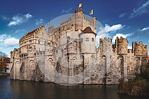 Medieval Gravensteen castle in Ghent, Belgium. In cloudy weather