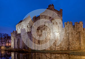 Medieval Gravensteen Castle Ghent, Belgium, in the evening