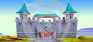 Medieval guard stand at castle gates, game scene