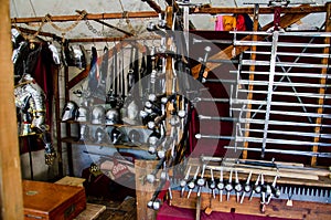 Medieval gun smith shop. Swords and Armor for sale