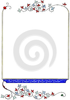 Medieval hand drawn floral frame isolated on white background. Medieval book page border with blank space in the center