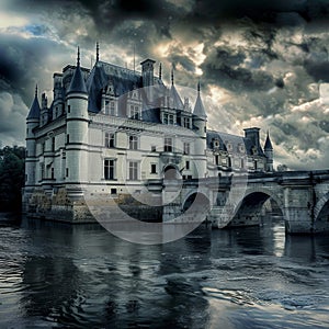 Medieval Haunted Castle, Gloomy Chateau, Old France Architecture, Chenonceau, Copy Space