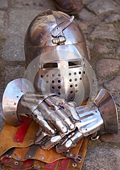 Medieval helmet and gauntlets