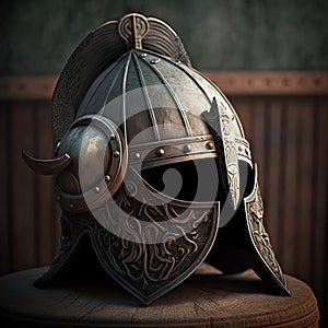 Medieval helmet of the knight on a wooden table. 3d render