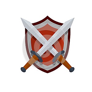 Medieval heraldic coat of arms. Red guard shield and crossed sword. Cartoon flat illustration