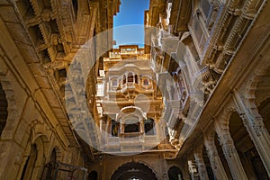 Medieval heritage building at Rajasthan with intricate artwork known as Patwon Ki Haveli at Jaisalmer India