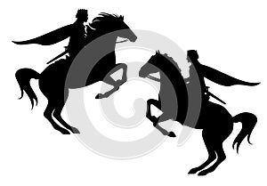Medieval hero king riding horse black and white vector silhouette set