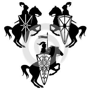Medieval hero knight riding horse with heraldic shield black and white vector design set