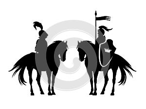 medieval hero knight riding horse with royal shield and banner black vector silhouette set