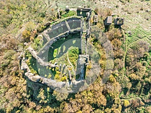 Aerial ground plan view of medieval Solymos, Soimos castle ruin in Romania photo