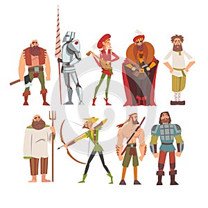 Medieval Historical Cartoon Characters in Traditional Costumes Set, Peasant, Warrior, Nobleman, Archer, Musician photo