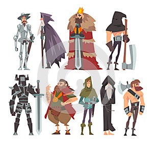 Medieval Historical Cartoon Characters in Traditional Costumes Set, Warrior, King, Knight, Old Wizard, Monk, Executioner