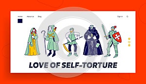 Medieval Historical Characters Fairytale Ancient Heroes Website Landing Page Set. Robber Lady Monk Bard Knight