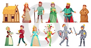 Medieval historical characters. Historic royal court alcazar knights, medieval peasant and king isolated cartoon vector