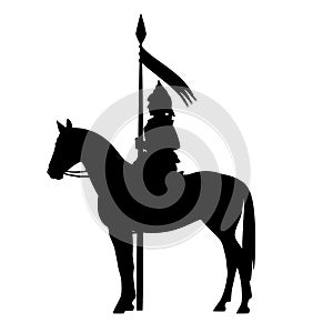 Medieval horseback knight with banner spear black vector silhouette outline