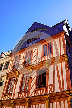 Medieval house with colorful half-timbering in the center of the city vichy in France