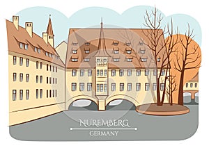 Medieval house with many windows and steeple in Nuremberg, Germany