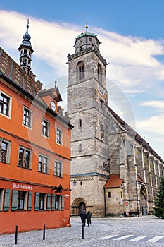 Medieval house and St Georg church tower in Dinkelsbuhl, Bavaria state, Germany photo