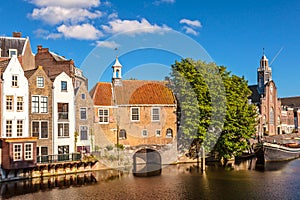 Medieval houses alongside a canal in Delfshaven, The Netherlands