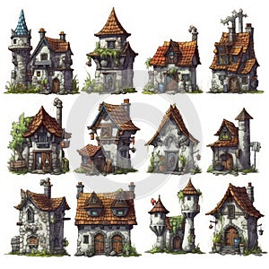 Medieval Houses in Don\'t Starve Style on a Colorful White Background .