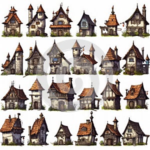 Medieval Houses Sprite Sheet in Don\'t Starve Style on White Background .