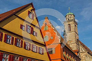 Medieval houses and St Georg church tower in Dinkelsbuhl, Bavaria state, Germa