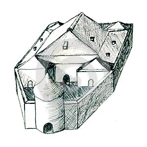 Medieval inn hand drawn