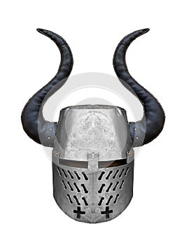 Medieval iron knight`s helmet with big horns