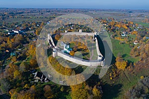 Medieval Izborsk fortress aerial photography. Pskov region, Russia