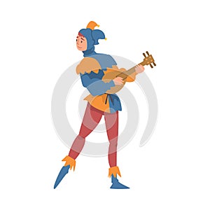 Medieval Jester Character in Bright Clownish Clothing and Bell Hat Playing Lute Vector Illustration photo