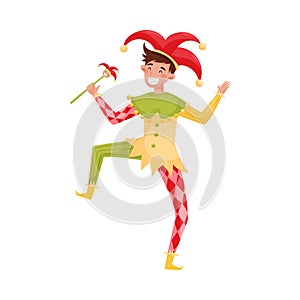 Medieval Jester Character in Bright Clownish Clothing Vector Illustration photo