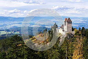 Medieval Kasperk Castle in southwestern Bohemia, Czech Republic, sunny autumn day, Plzen region, Sumava r