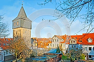 The medieval Kehrwiederturm tower in old town, Hildesheim, Germany