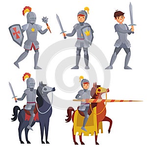 Medieval khight holding sword, royal knight with lance on horseback