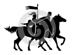 Medieval king and banner man riding horses black vector silhouette outline