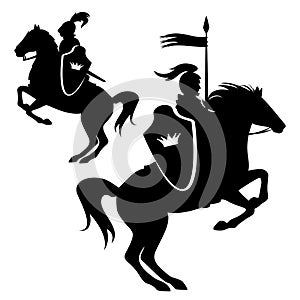 Medieval king knight riding rearing up horse black vector silhouette