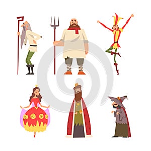 Medieval King in Mantle, Princess, Old Peasant Man with Cane, Jester and Witch Vector Set